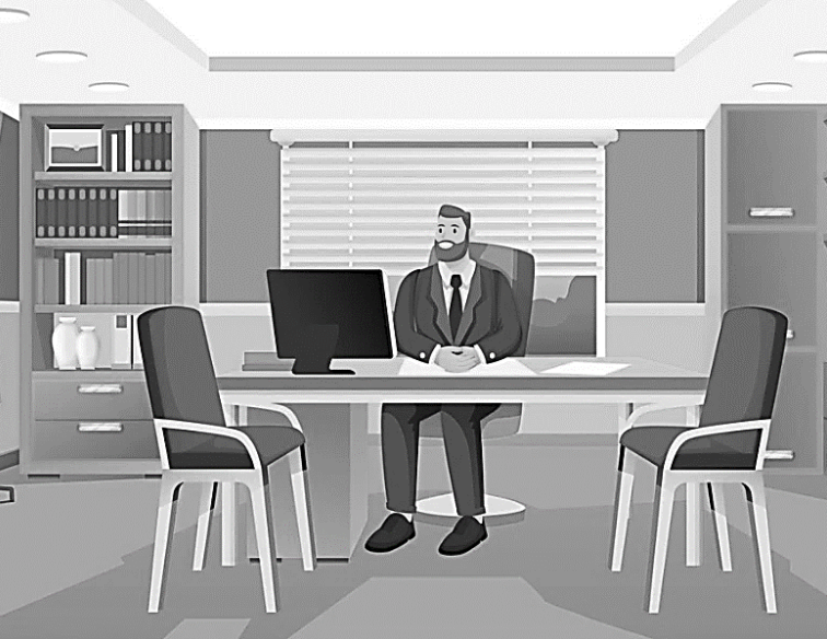 Mann im Anzug sitzt hinter einem Schreibtisch in einem Büro mit Computer und zwei Besucherstühlen.